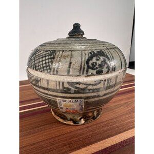 Antique Ceramic Lidded Jar With Hand-Painted Design & Rustic Finish